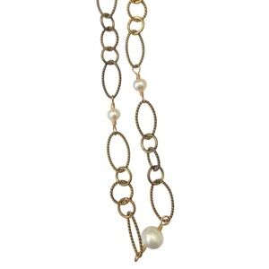 Vintage antique gold tone & faux pearl long necklace Oval textured links 25 in.